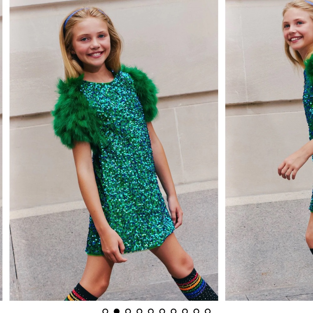 Lola + The Boys Sparkling Green Dress with Feather Sleeves